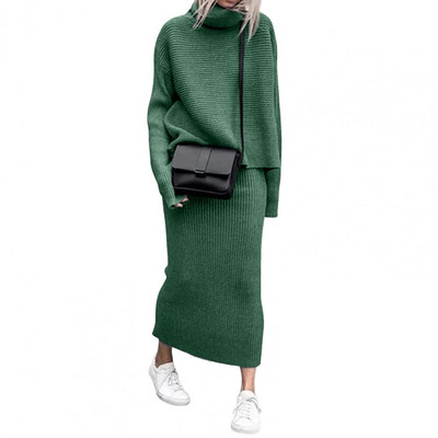 Módne dámske štíhle sveterové sukne, dvojdielna súprava, voľný vysoký golier, ležérne jesenné ženské pletené blúzky, sukne, oblek, sveter