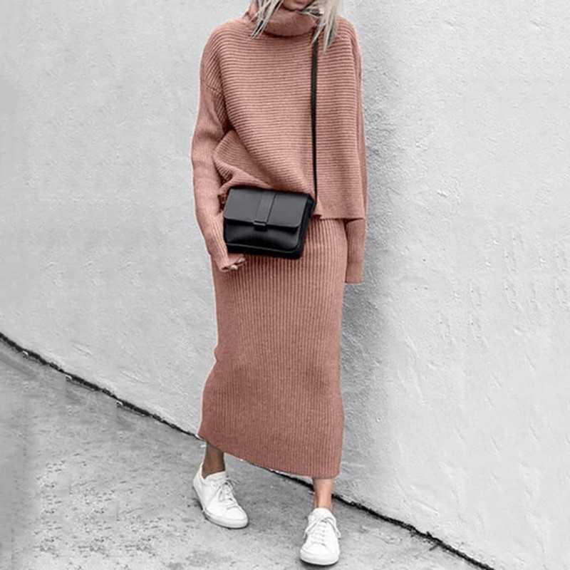 Módne dámske štíhle sveterové sukne, dvojdielna súprava, voľný vysoký golier, ležérne jesenné ženské pletené blúzky, sukne, oblek, sveter