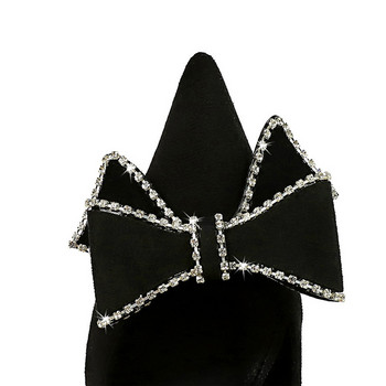 2023 Νέα σέξι γυναικεία παπούτσια νυχτερινού κλαμπ με μυτερά δάχτυλα Black Flock Shallow Fashion Pumps Crystal Bowknot Pumps Γυναικεία ψηλοτάκουνα φόρεμα γραφείου