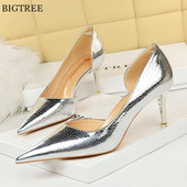 Γυναικεία παπούτσια γραφείου με μεταλλικό μοτίβο πέτρας ρετρό 2023 Νέα μύτη λουστρίνι λουστρίνι σε σέξι πλαϊνή κούφια ψηλοτάκουνα γόβες γυναικείο πάρτι