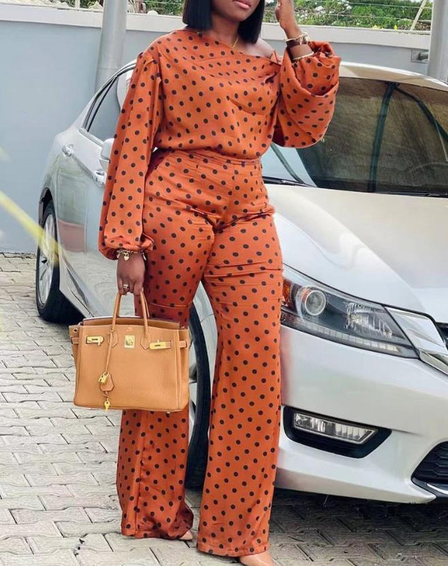 Dámske dvojdielne súpravy, elegantný top a nohavice s bodkovaným vzorom a lampiónovými rukávmi, nová móda 2023, ležérne