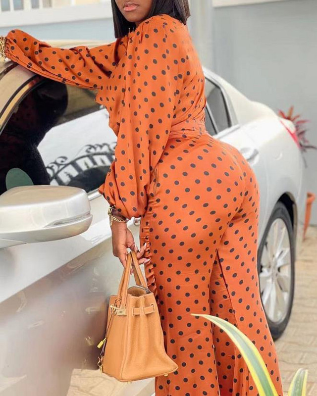 Dámske dvojdielne súpravy, elegantný top a nohavice s bodkovaným vzorom a lampiónovými rukávmi, nová móda 2023, ležérne