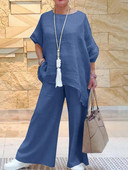 Birou Femei Gâtul O Topuri și Pantaloni Costum Vară Casual Pantaloni Lungi Tinute Femei Solide Bumbac In Pantaloni Largi Seturi Elegante