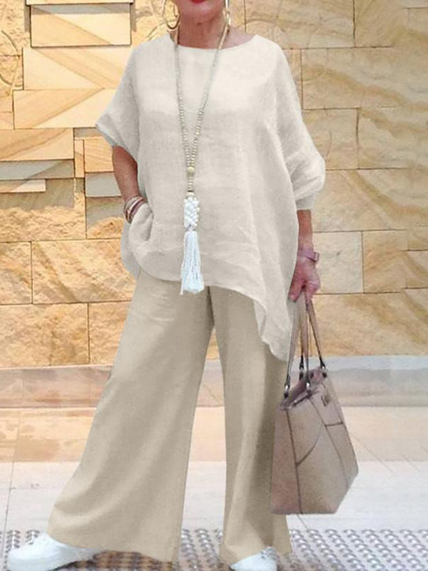 Birou Femei Gâtul O Topuri și Pantaloni Costum Vară Casual Pantaloni Lungi Tinute Femei Solide Bumbac In Pantaloni Largi Seturi Elegante