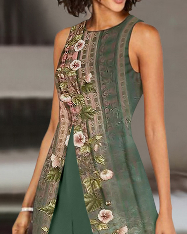 Salopetă cu volană asimetrică cu imprimeu tribal floral mozaic Femei Fără mâneci Pantaloni largi cu picioare largi Salopete Pantaloni salopete