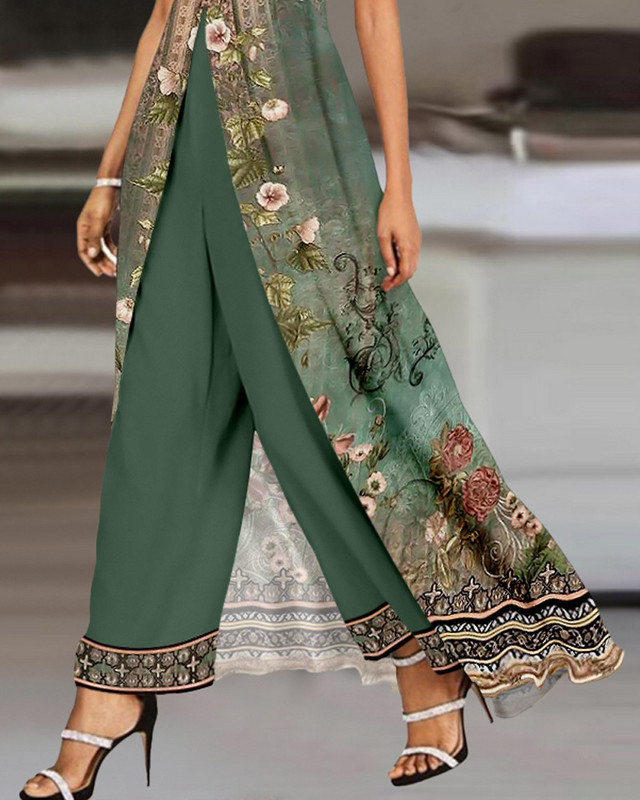 Salopetă cu volană asimetrică cu imprimeu tribal floral mozaic Femei Fără mâneci Pantaloni largi cu picioare largi Salopete Pantaloni salopete