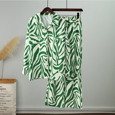 Dvodijelni set ženskih hlača na široke pruge Elegantni gornji dio dugih rukava i elastično odijelo s hlačama visokog struka Proljetna odijela s hlačama