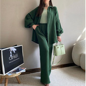 Naiste kaheosaline püksikomplekt, pikkade varrukatega, allapoole kraega särk, nööbiga topid, elastne vöökoht püksid naiste rõivad, vaba aeg