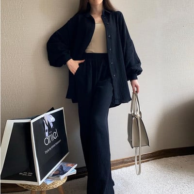 Naiste kaheosaline püksikomplekt, pikkade varrukatega, allapoole kraega särk, nööbiga topid, elastne vöökoht püksid naiste rõivad, vaba aeg