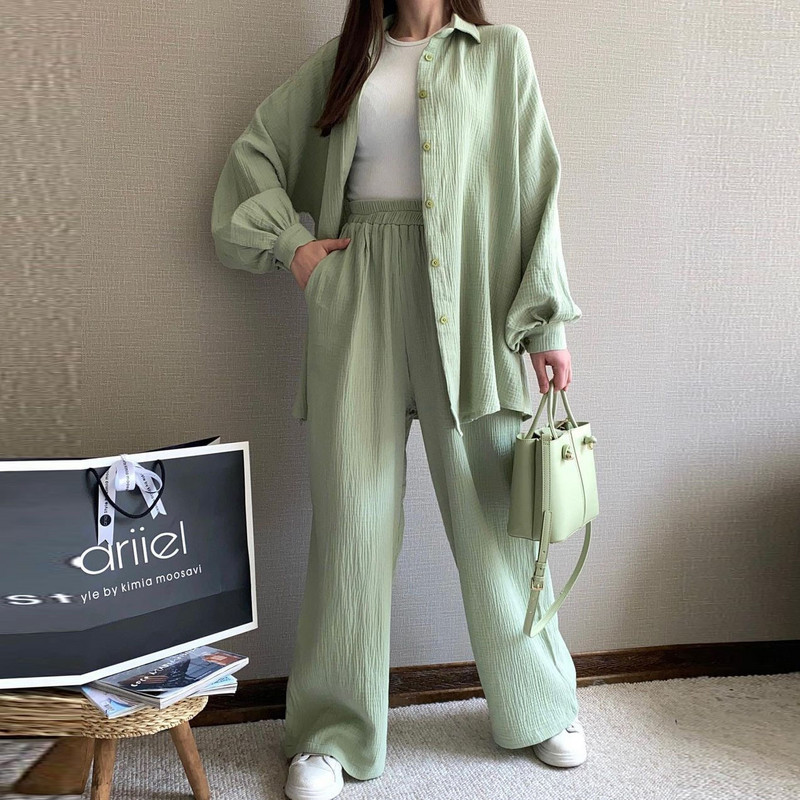 Naiste kaheosaline püksikomplekt, pikkade varrukatega, allapoole kraega särk, nööbiga topid, elastne vöökoht püksid naiste rõivad, vaba aeg