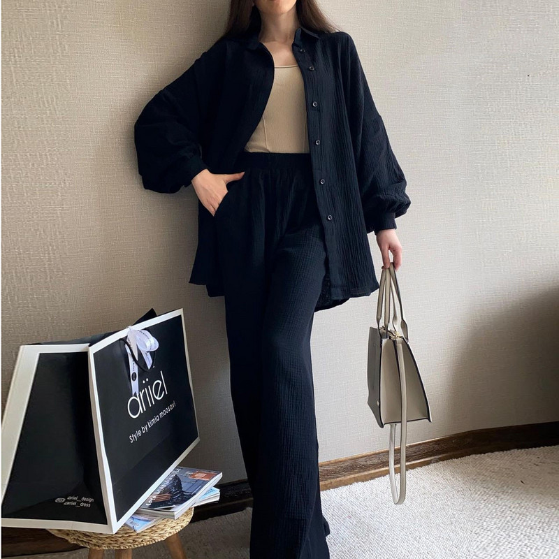 Naiste kaheosaline püksikomplekt, pikkade varrukatega, allapoole kraega särk, nööbiga topid, elastne vöökoht püksid naiste rõivad, vaba aeg