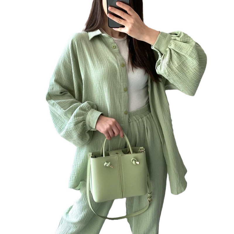 Naiste kaheosaline püksikomplekt, pikkade varrukatega, allapoole kraega särk, nööbiga topid, elastne vöökoht püksid naiste rõivad, vaba aeg