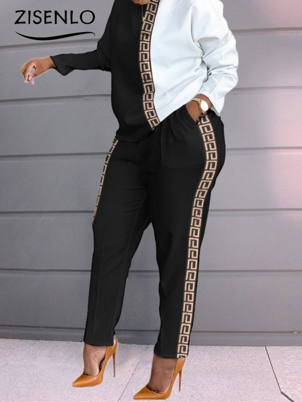 Šik i elegantan ženski set Proljetna nova moda Široka majica s dugim rukavima i komplet hlača s printom Dvodijelni komplet za žensku trenirku