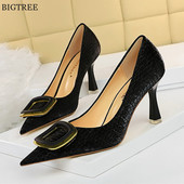 Jesenska moda 2022., četvrtaste kopče, plitke ženske cipele, crno-bijele cipele s kamenim uzorkom, visoke potpetice, seksi ženske cipele na špic za zabavu, uredske