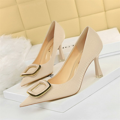 Jesenska moda 2022., četvrtaste kopče, plitke ženske cipele, crno-bijele cipele s kamenim uzorkom, visoke potpetice, seksi ženske cipele na špic za zabavu, uredske