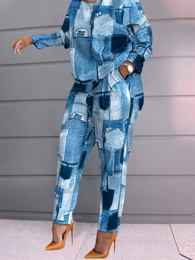 Nové tepláky s potlačou a vreckami, dámske ležérne oblečenie, súprava s výstrihom do V, dlhý rukáv, ceruzkové nohavice, dámske oblečenie, streetwear, plus veľkosť