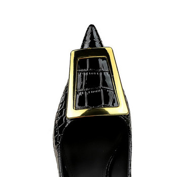 Крокодилска шарка Секси дамски офис обувки с остър пръст 2023 Есенна мода с метална катарама Плитки високи токчета 10 СМ Дамски помпи Парти