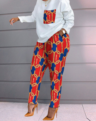 Trening de damă, cu imprimeu geo, cu mânecă lungă, pantaloni cu șnur în dungi, set casual Juicy Coutoure, 2 piese, femei