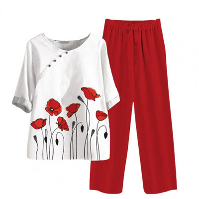 Δύο κομμάτια ρούχα Γυναικεία ρούχα μπλούζα με στάμπες με άνοιξη και κοστούμι παντελόνι φαρδύ γυναικείο φαρδύ σετ Κομψό κυρία γραφείου