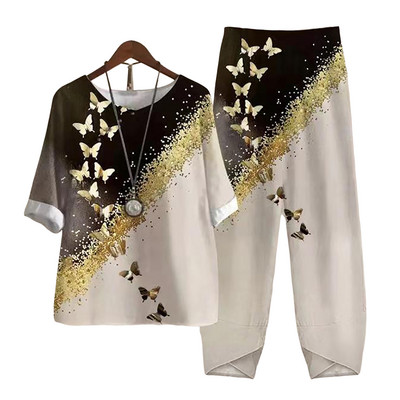 Δύο κομμάτια ρούχα Γυναικεία ρούχα μπλούζα με στάμπες με άνοιξη και κοστούμι παντελόνι φαρδύ γυναικείο φαρδύ σετ Κομψό κυρία γραφείου