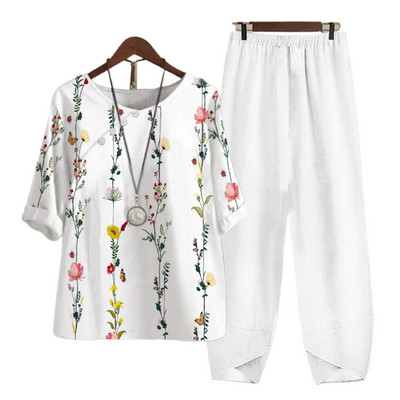 Δύο κομμάτια ρούχα Γυναικεία ρούχα μπλούζα με στάμπες με άνοιξη και κοστούμι παντελόνι φαρδύ γυναικείο φαρδύ σετ Κομψό κυρία γραφείου