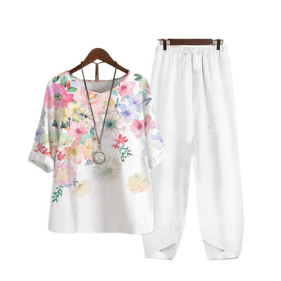 Δύο κομμάτια ρούχα Γυναικεία ρούχα μπλούζα με στάμπες με άνοιξη και κοστούμι παντελόνι φαρδύ γυναικείο φαρδύ σετ Κομψό κυρία γραφείου