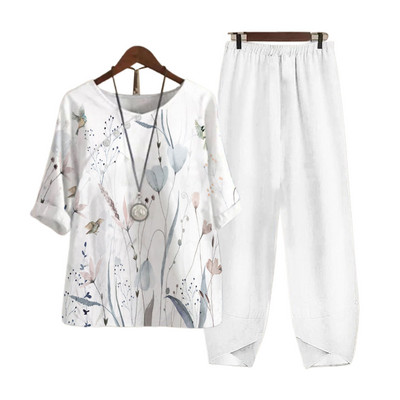 Δύο κομμάτια ρούχα Γυναικεία ρούχα μπλούζα με στάμπες με άνοιξη και κοστούμι παντελόνι φαρδύ γυναικείο φαρδύ σετ Κομψό κυρία γραφείου