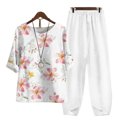 Δύο κομμάτια ρούχα Γυναικεία ρούχα μπλούζα με στάμπες με άνοιξη και κοστούμι παντελόνι φαρδύ γυναικείο φαρδύ σετ Κομψό κυρία γραφείου