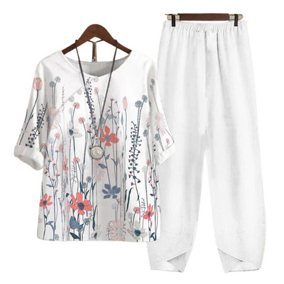 Δύο κομμάτια ρούχα Γυναικεία ρούχα μπλούζα με στάμπες με άνοιξη και κοστούμι παντελόνι φαρδύ γυναικείο φαρδύ σετ Κομψό κυρία γραφείου