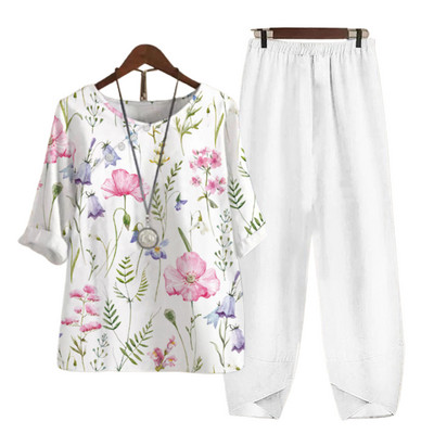 Δύο κομμάτια ρούχα Γυναικεία ρούχα μπλούζα με στάμπες με άνοιξη και κοστούμι παντελόνι φαρδύ γυναικείο φαρδύ σετ Κομψό κυρία γραφείου