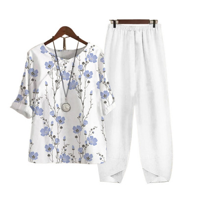 Δύο κομμάτια ρούχα Γυναικεία ρούχα μπλούζα με στάμπες με άνοιξη και κοστούμι παντελόνι φαρδύ γυναικείο φαρδύ σετ Κομψό κυρία γραφείου