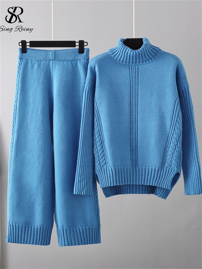 SINGREINY Γυναικεία σετ πουλόβερ μόδας casual με ζιβάγκο Φαρδύ χοντρό πλεκτό μπλουζάκι + Ελαστικό φαρδύ παντελόνι μακρύ παντελόνι χειμωνιάτικο κοστούμι δύο τεμαχίων