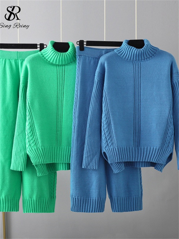 SINGREINY Γυναικεία σετ πουλόβερ μόδας casual με ζιβάγκο Φαρδύ χοντρό πλεκτό μπλουζάκι + Ελαστικό φαρδύ παντελόνι μακρύ παντελόνι χειμωνιάτικο κοστούμι δύο τεμαχίων