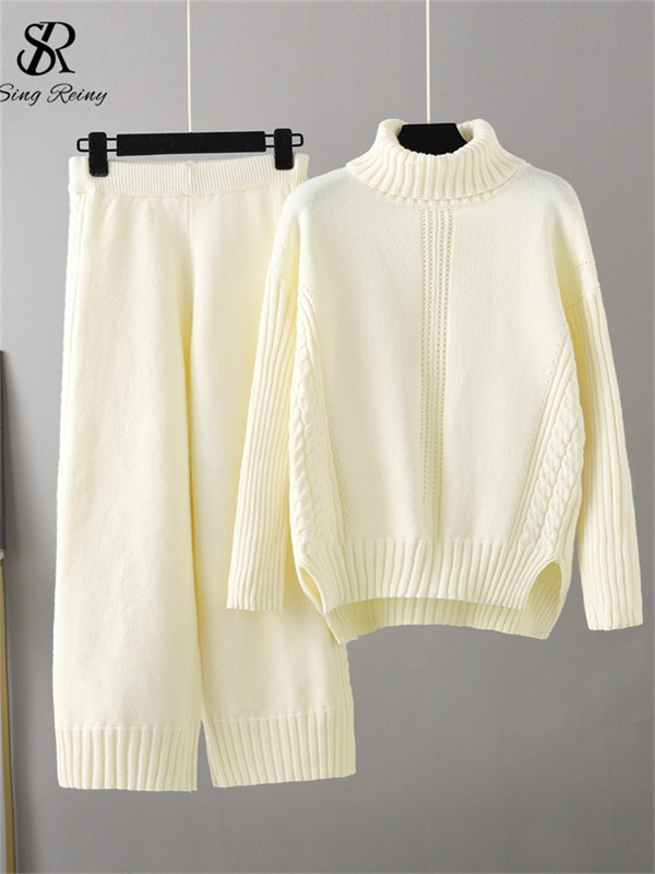 SINGREINY Γυναικεία σετ πουλόβερ μόδας casual με ζιβάγκο Φαρδύ χοντρό πλεκτό μπλουζάκι + Ελαστικό φαρδύ παντελόνι μακρύ παντελόνι χειμωνιάτικο κοστούμι δύο τεμαχίων