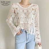 Korejska uredska čipkasta bluza O-izrez dugih rukava za zaštitu od sunca ženska košulja slatka kuka cvijet šuplje elegantna chemisier femme chic 12693