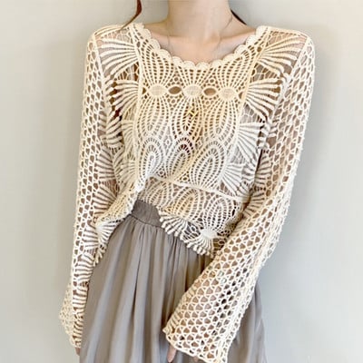 Korejska uredska čipkasta bluza O-izrez dugih rukava za zaštitu od sunca ženska košulja slatka kuka cvijet šuplje elegantna chemisier femme chic 12693