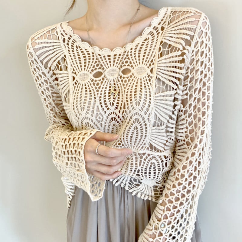 Korejska uredska čipkasta bluza O-izrez dugih rukava za zaštitu od sunca ženska košulja slatka kuka cvijet šuplje elegantna chemisier femme chic 12693