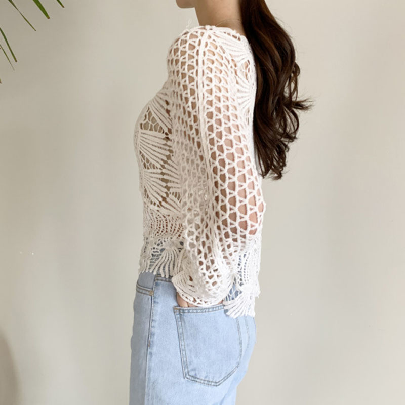 Korejska uredska čipkasta bluza O-izrez dugih rukava za zaštitu od sunca ženska košulja slatka kuka cvijet šuplje elegantna chemisier femme chic 12693