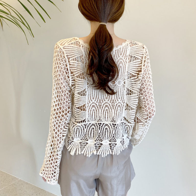 Korejska uredska čipkasta bluza O-izrez dugih rukava za zaštitu od sunca ženska košulja slatka kuka cvijet šuplje elegantna chemisier femme chic 12693