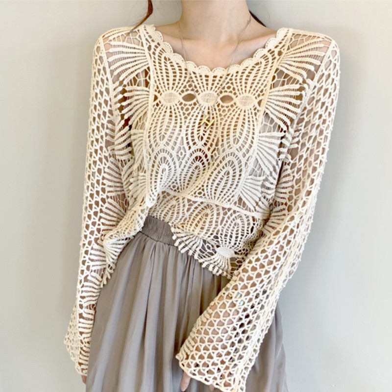 Korejska uredska čipkasta bluza O-izrez dugih rukava za zaštitu od sunca ženska košulja slatka kuka cvijet šuplje elegantna chemisier femme chic 12693