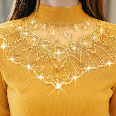 2020. Nova ženska jesensko-zimska modna tanka izdubljena mrežasta patchwork bluza Ženska elegantna majica s dolčevitom s vezom A287