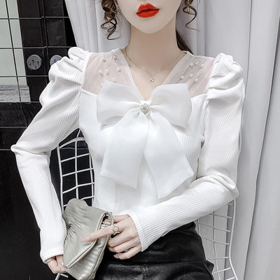 Pulover elegant cu mâneci bufante cu fundă din tifon îmbrăcăminte pentru femei, toamna 2022, pulovere noi, lejere, casual, topuri dulci, toate se potrivesc