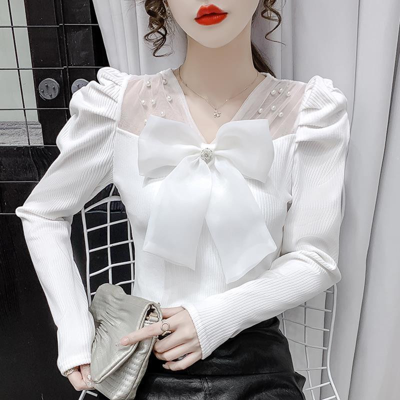 Pulover elegant cu mâneci bufante cu fundă din tifon îmbrăcăminte pentru femei, toamna 2022, pulovere noi, lejere, casual, topuri dulci, toate se potrivesc