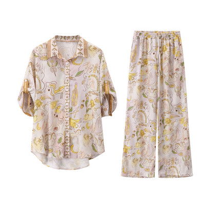 Moodsad Unicorn Print pikkade pükste komplektid Naiste vabaaja lühikeste varrukatega pluussärgid lahtised laia säärega püksid, kaheosaline komplekt suvekomplektid