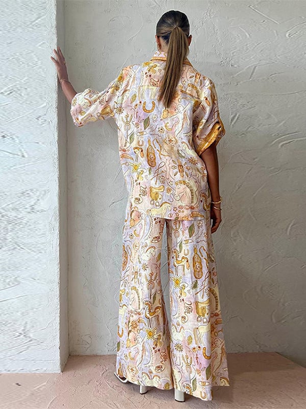 Moodsad Unicorn Print pikkade pükste komplektid Naiste vabaaja lühikeste varrukatega pluussärgid lahtised laia säärega püksid, kaheosaline komplekt suvekomplektid