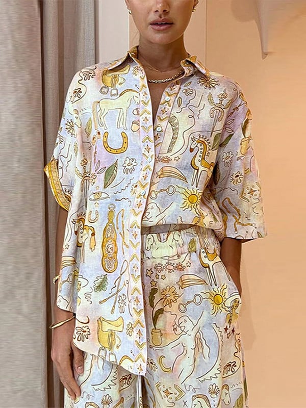 Moodsad Unicorn Print pikkade pükste komplektid Naiste vabaaja lühikeste varrukatega pluussärgid lahtised laia säärega püksid, kaheosaline komplekt suvekomplektid