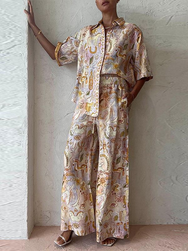 Moodsad Unicorn Print pikkade pükste komplektid Naiste vabaaja lühikeste varrukatega pluussärgid lahtised laia säärega püksid, kaheosaline komplekt suvekomplektid