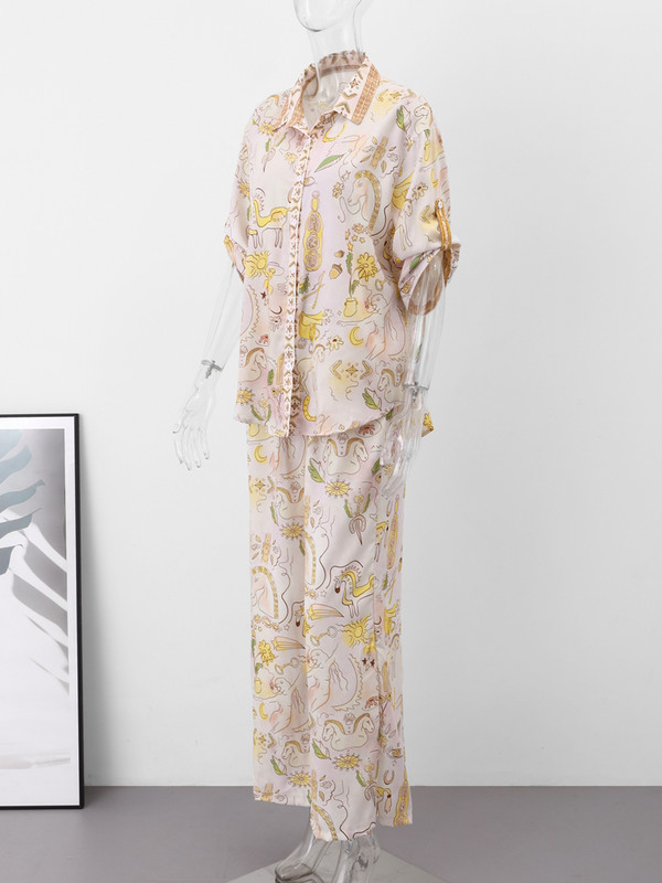 Moodsad Unicorn Print pikkade pükste komplektid Naiste vabaaja lühikeste varrukatega pluussärgid lahtised laia säärega püksid, kaheosaline komplekt suvekomplektid