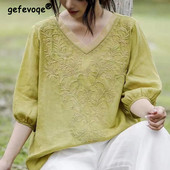 Suvine uus kirjanduslik vintage tikandiga puuvillane linane särk Naiste poolvarrukatega vaba vabaaja pluus Naiste rõivaste topid