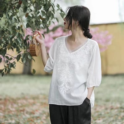 Suvine uus kirjanduslik vintage tikandiga puuvillane linane särk Naiste poolvarrukatega vaba vabaaja pluus Naiste rõivaste topid